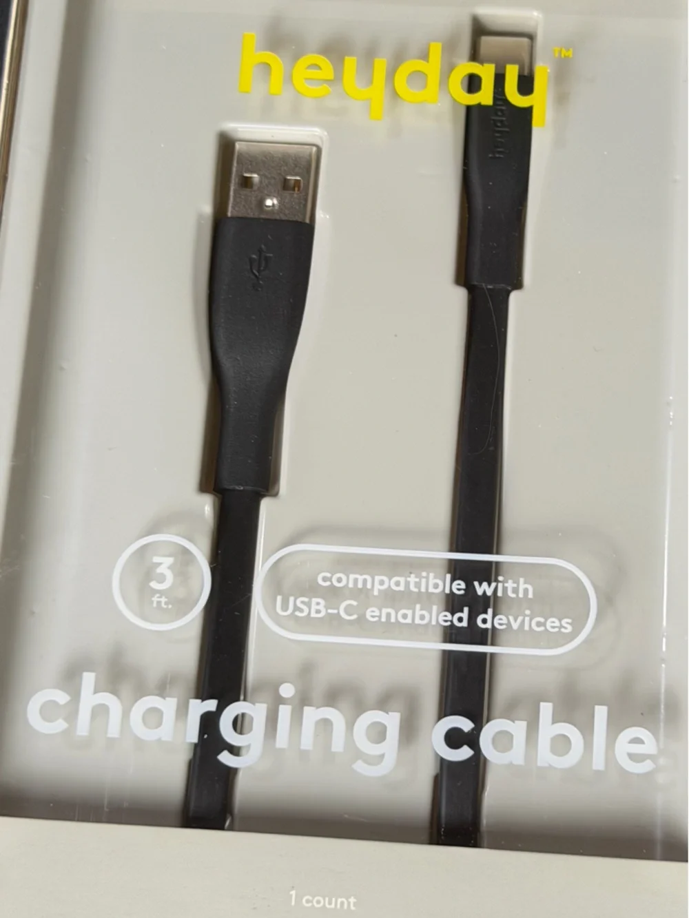 heyday Black Flat USB-A to USB-C Charging Cable